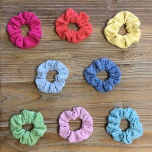 Pink, blue, yellow, orange, & green scrunchies
